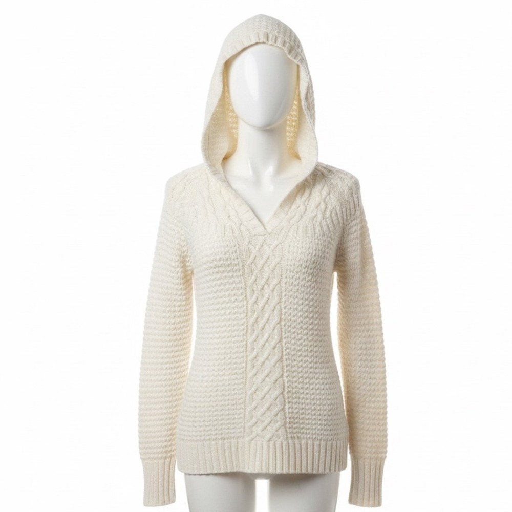 Vintage Old‎ Navy Cream Cable Knit Hoodie Large L Y2K Preppy Coastal Fisherman